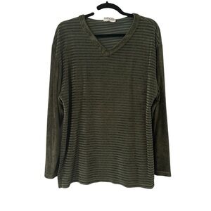 Aegean Olive Green Striped V-Neck Sweater